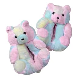 image-Cartoon Bear Plush Slippers - Large, South Korean Velvet, Dark Teddy Bear Shoes
