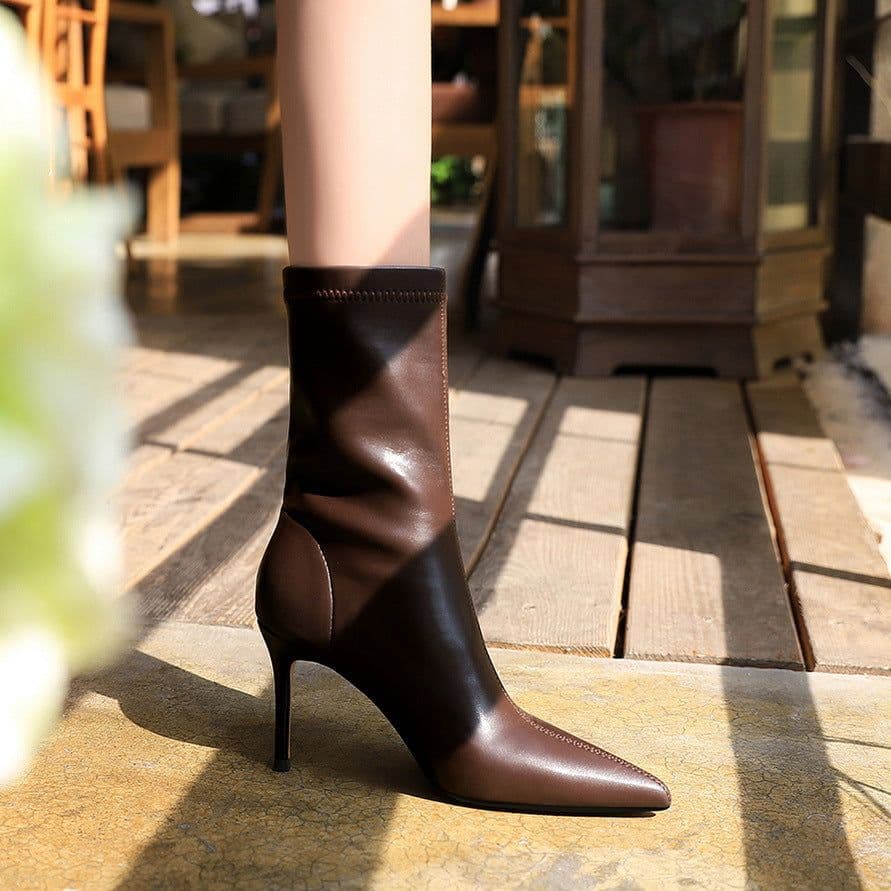 image-BIGTREE Stiletto High Heel Boots - Khaki Pointy Toe
