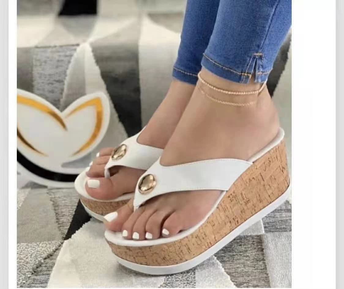 image-Women's Beige Flip Flops - Large Size Sandals - Casual Thick Sole