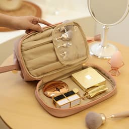 image-Portable Cosmetic Bag - Black PU Leather Pillow