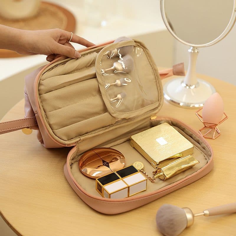 image-Portable Cosmetic Bag - Black PU Leather Pillow