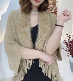 image-Women's Imitation Cashmere Shawl - Apricot Tassel Fur Collar