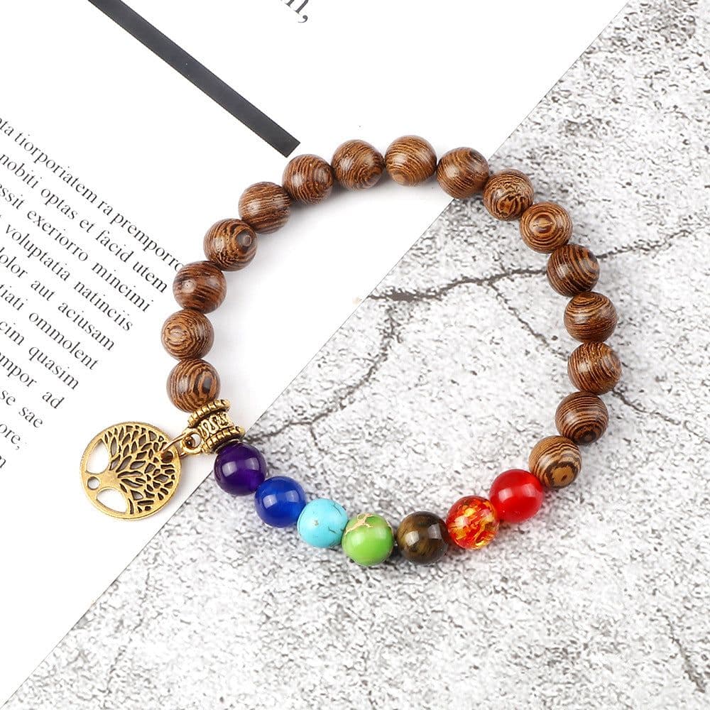 image-European and American cross-border foreign trade creative 8mm bead bracelet Volcanic lava hand string wooden beads alloy tree of life pendant