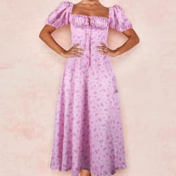image-Women's Floral Midi Dress - Puff Sleeves Lace-Up