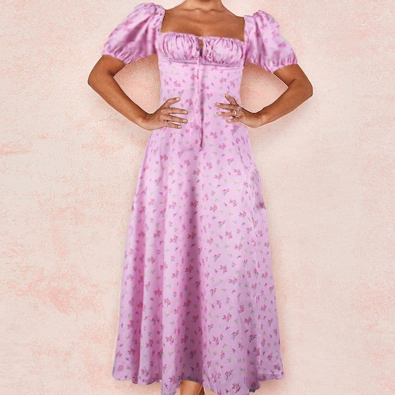 image-Women's Floral Midi Dress - Puff Sleeves Lace-Up