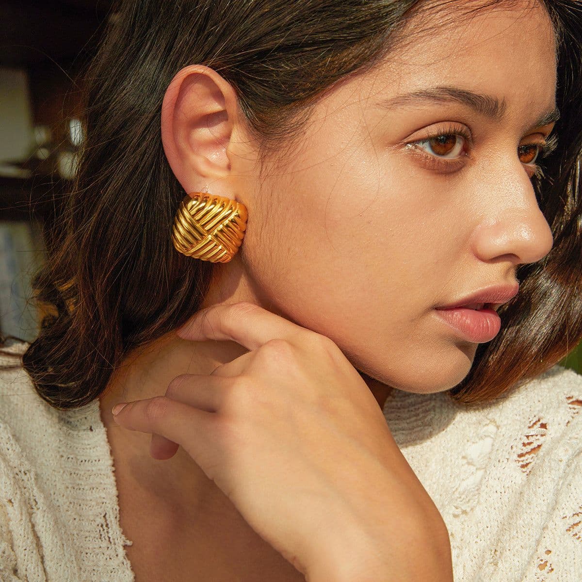 image-Heavy Industry Light Luxury Exquisite Personality Versatile Non-fading 18k Gold Stainless Steel Knitted Texture Earrings for Women