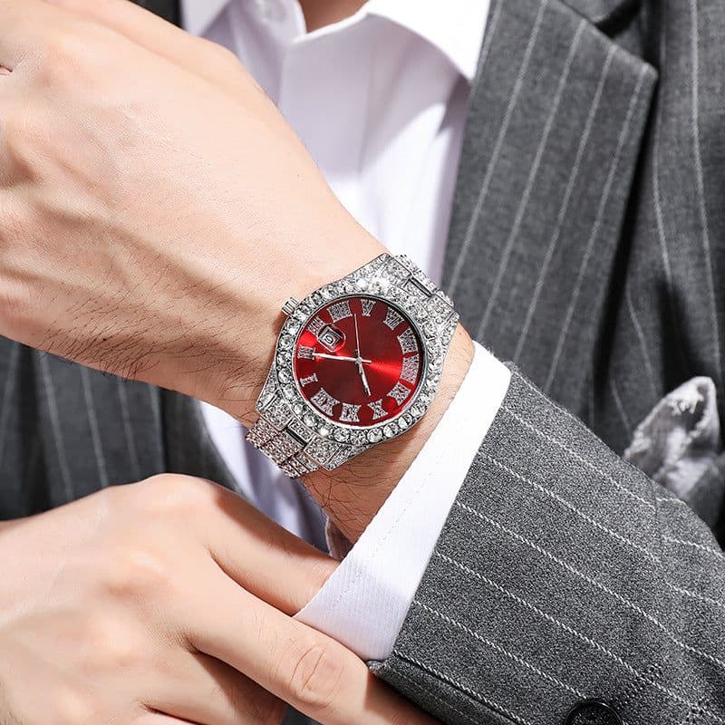 image-Hiphop watch European and American hot style men's steel belt hip-hop Roman scale diamond calendar men's quartz watch