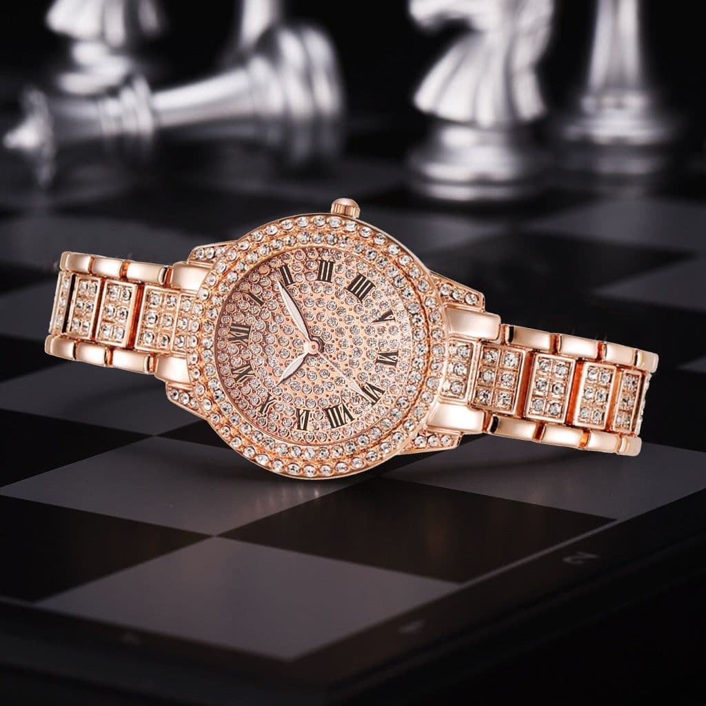 image-Roman Steel Belt Watch Full Diamonds Starry Quartz Hip-Hop Style (64 characters)