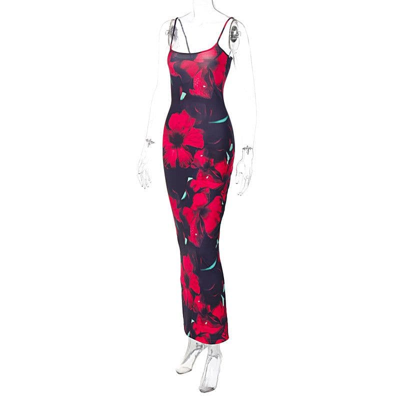 image-Women's U-Neck Printed Dress - Slim Fit Suspender