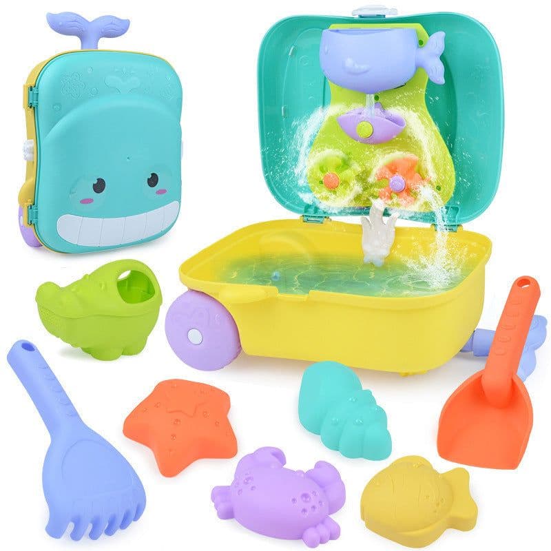 image-Children's beach toys whale suitcase baby play water digging sand tools hourglass shovel eight-piece set boys and girls