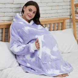image-Tie-dye nightgown blue and white blouse flannel printing casual lazy blanket outdoor warm big pocket hooded sweater women