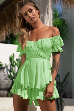 image-Spot wholesale jumpsuit solid color fashion sexy one-word collar lantern lotus leaf sleeve casual summer women's short pants
