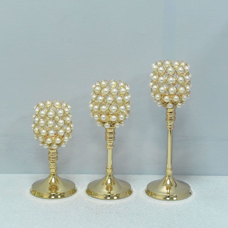 image-Metal Candlestick Holder - Gold Pearl 11.5x32cm