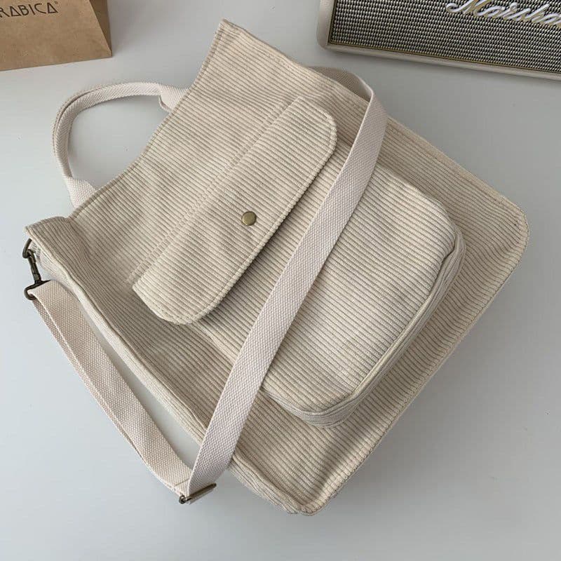 image-Canvas Khaki Corduroy Shoulder Bag - Vintage Square