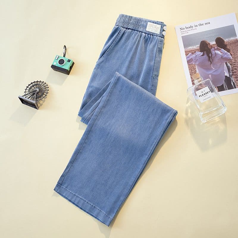 image-Large Size Blue Tencel Jeans - 2023 Korean Fashion High Waist Wide Leg