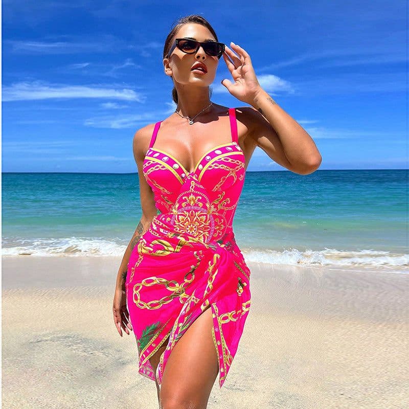 image-2023 European and American new one-piece swimsuit female sexy beautiful back printed bikini cover-up two-piece foreign trade bikini