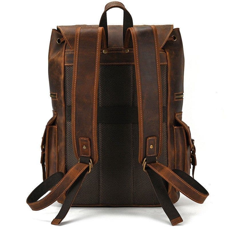 image-European and American Men's Retro Backpack Crazy Horse Leather Student School Bag Large Capacity Leather Travel Bag 16 Inch Computer Bag