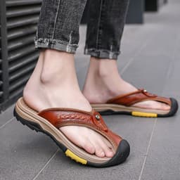 image-Men's Cowhide Flip Flops - Apricot Size 46 Casual