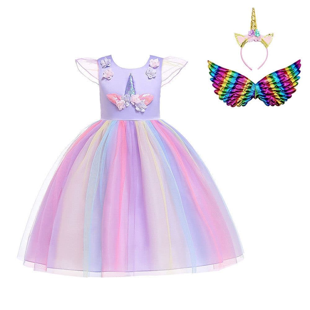 image-Halloween Unicorn Ruffle Sleeve Rainbow Dress - Light Blue, 3-8 Years