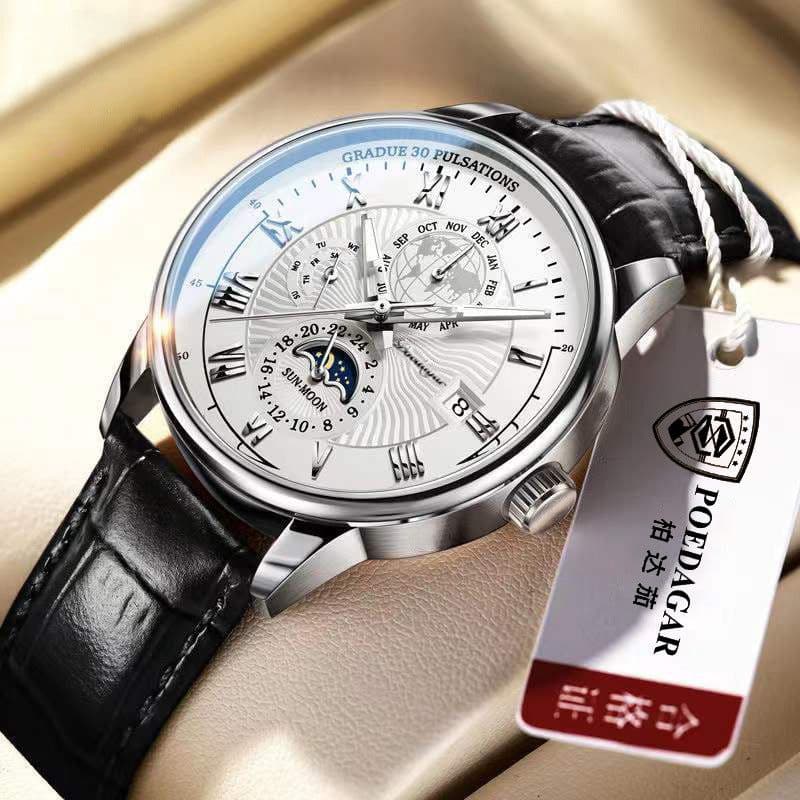image-POEDAGAR 908 Quartz Men's Leather Waterproof Watch, 40mm
