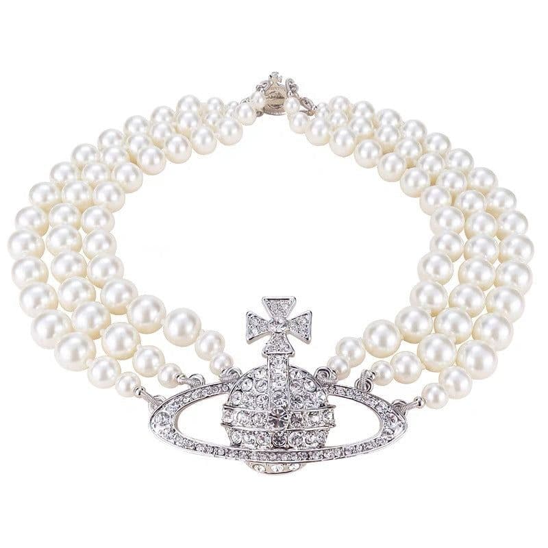 image-Vivienne Pearl Necklace Gold Saturn Three-Layer
