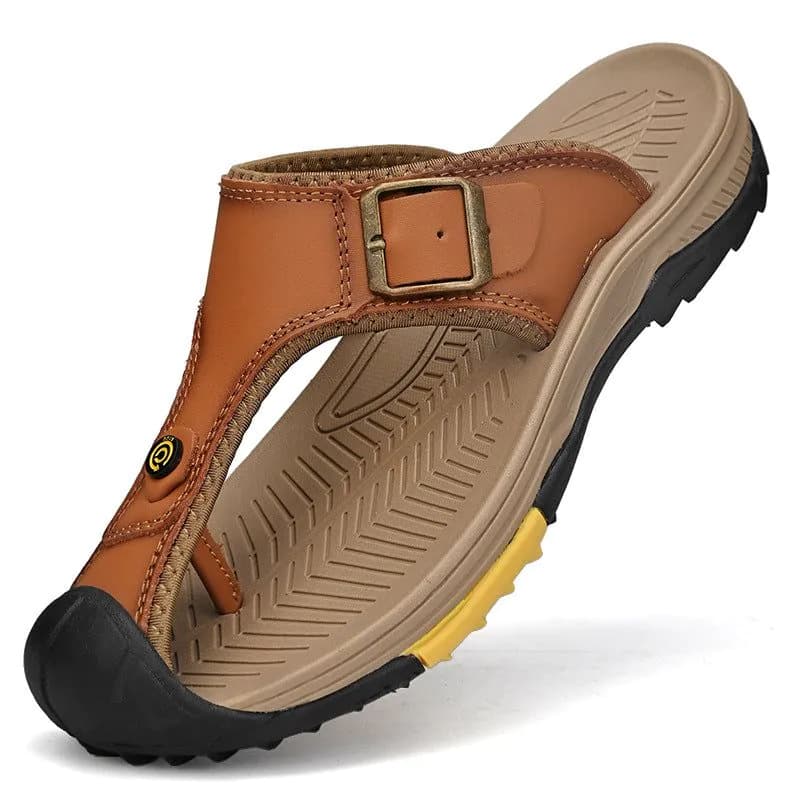 image-Men's Leather Sandals - Black Size 46 Non-Slip Beach