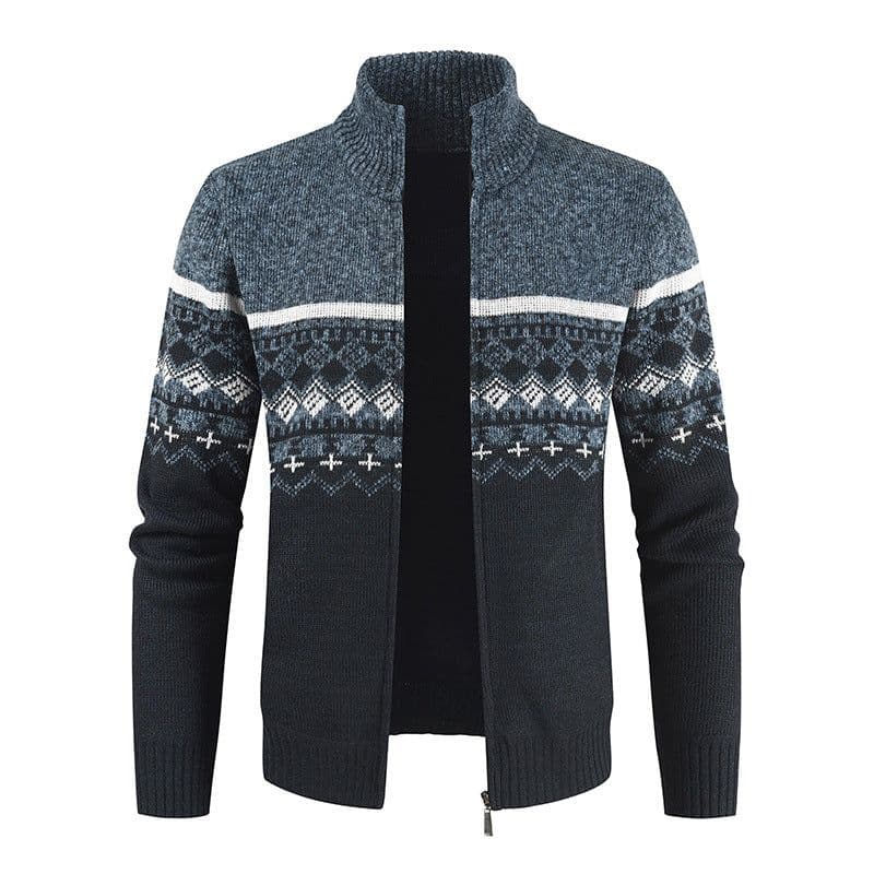 image-Dark Gray Stand Collar Cardigan With Velvet Thickened Knit Sweater Jacket 3XL