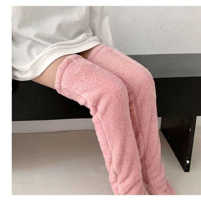 image-Women's Teddy Bear Floor Socks - Light Grey Knee High
