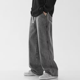 image-Straight Jeans Men Gray Mid-Rise Loose Wide-Leg