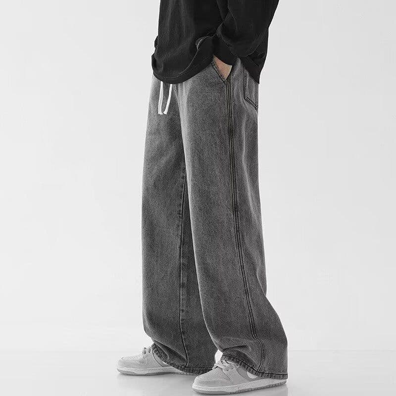image-Straight Jeans Men Gray Mid-Rise Loose Wide-Leg