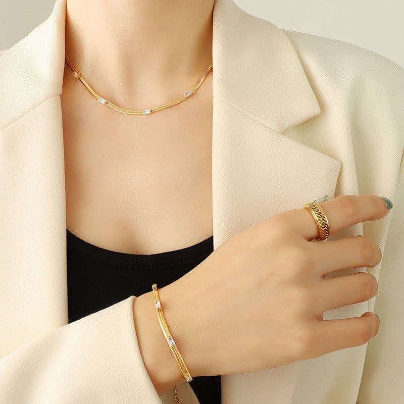 image-European and American celebrities ins style does not fade color inlaid zircon necklace personalized bracelet electroplating 18K gold fashionable jewelry set