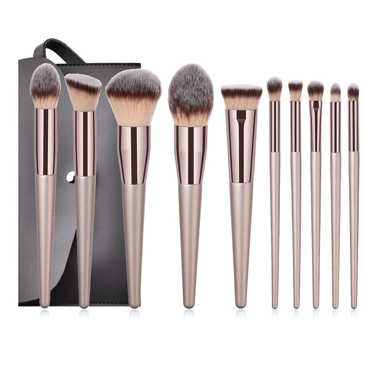 image-Champagne Gold Makeup Brush Set With Gray Cosmetic Bag 14 Pieces
