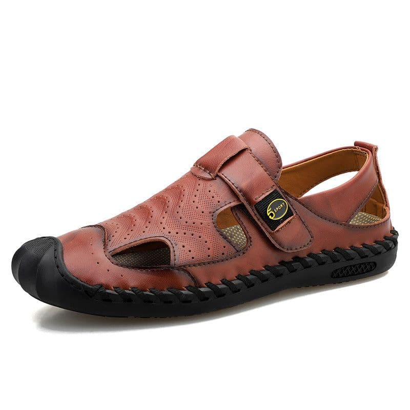 image-Men's Leather Cork Sandals - Black Non-Slip