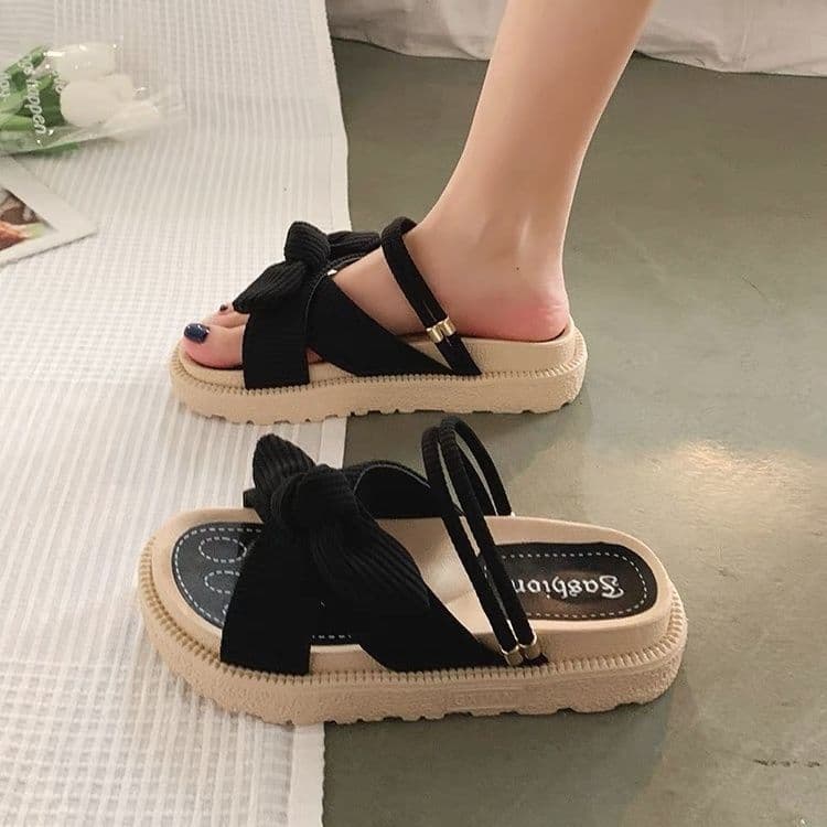 image-Roman Sandals - Beige Flat Bow Tie Summer