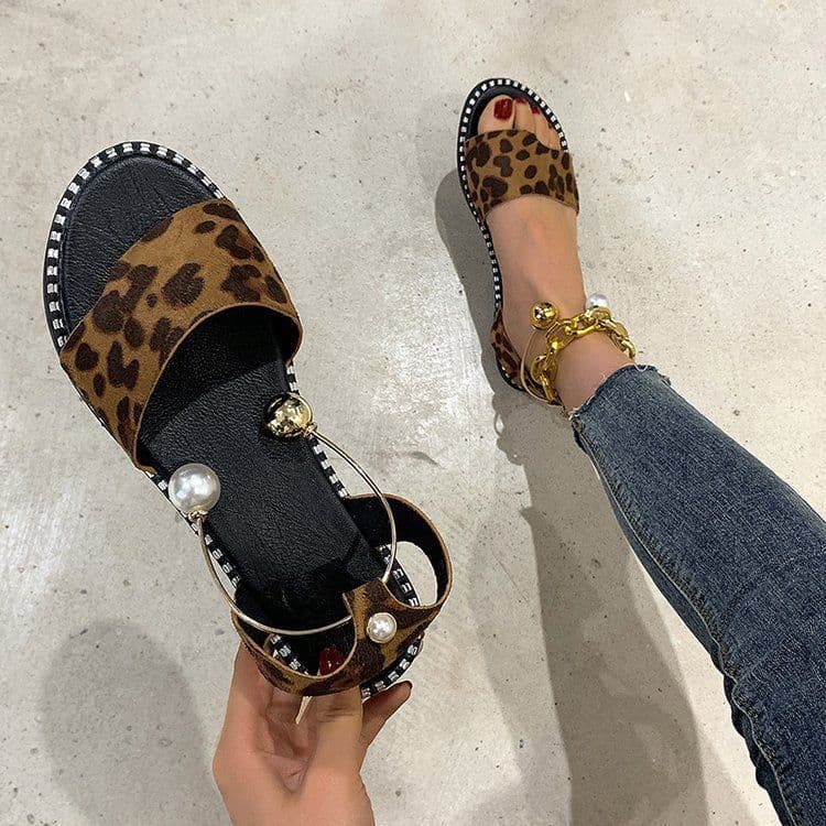 image-Foreign trade four seasons sandals women's summer open toe simple flat Roman sandals women's pearl buckle student women's shoes