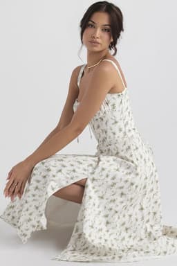 image-Women's Floral Sleeveless Midi Dress - Green Lace-Up