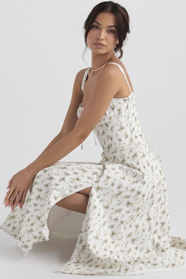 image-Women's Floral Sleeveless Midi Dress - Green Lace-Up