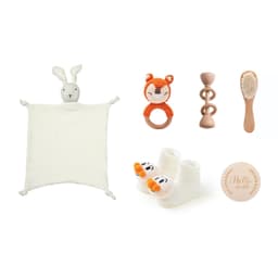 image-Newborn Infant Bath Towel Rattle Gift Set - Wooden Crochet Rattle