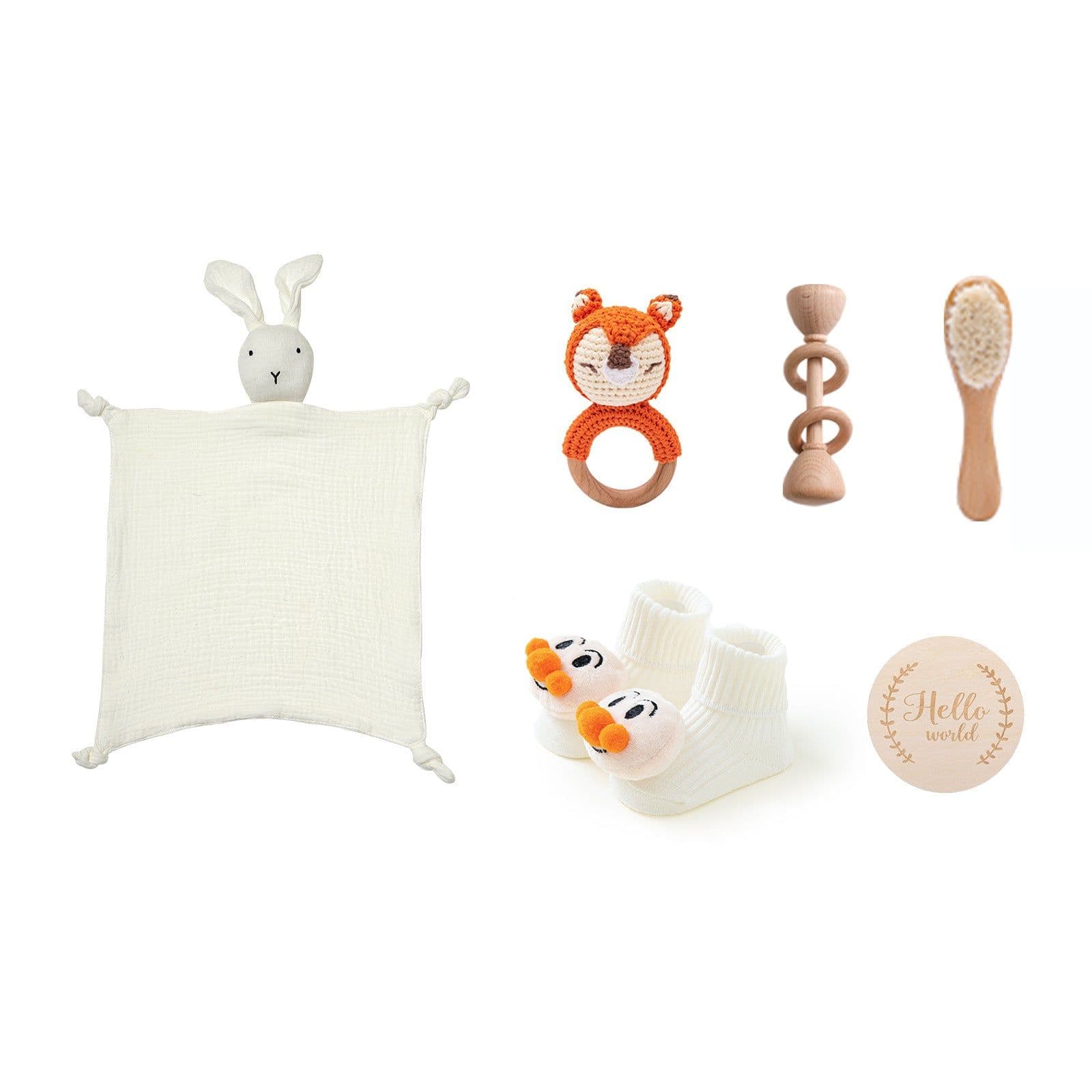 image-Newborn Infant Bath Towel Rattle Gift Set - Wooden Crochet Rattle