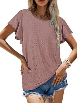 image-Women's Ruffled Sleeve T-Shirt - Sky Blue Hollow Out