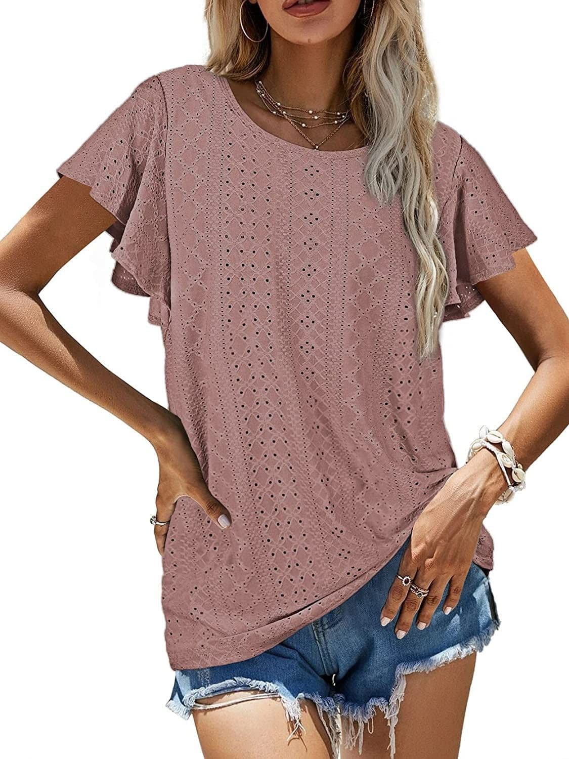 image-Women's Ruffled Sleeve T-Shirt - Sky Blue Hollow Out