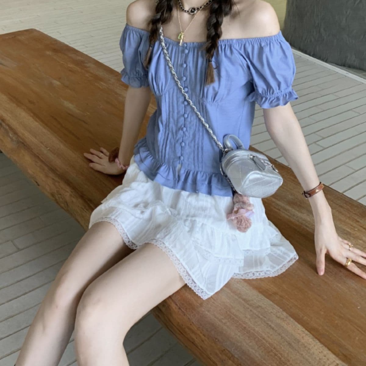 image-Women's Blue Off-Shoulder Puff Sleeve Cotton Top