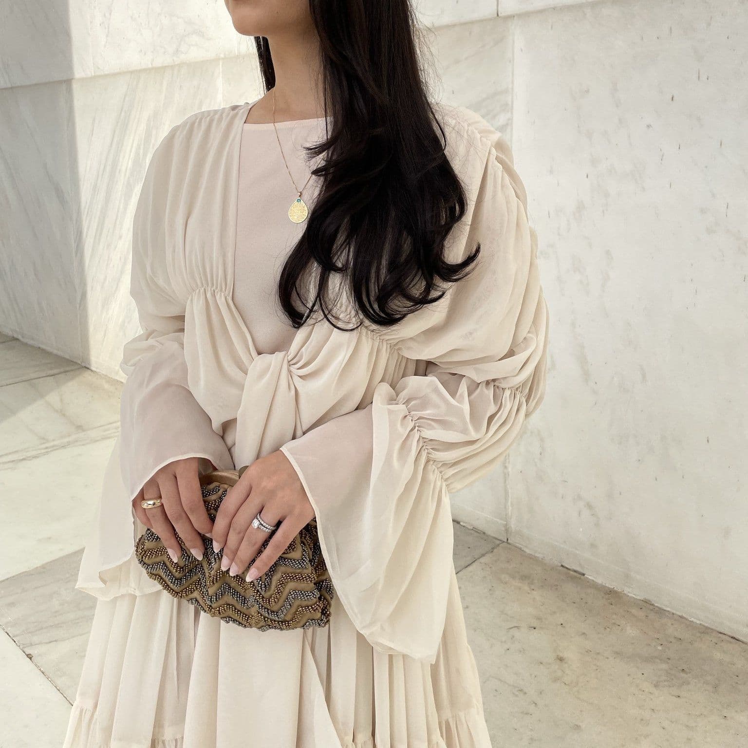 image-Loriya Belted Puff Sleeve Cardigan - Black Long Pleated