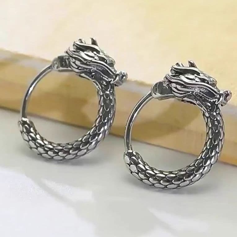 image-Retro Dragon Men's Earrings, Silver Hip-Hop Zodiac Style 2023