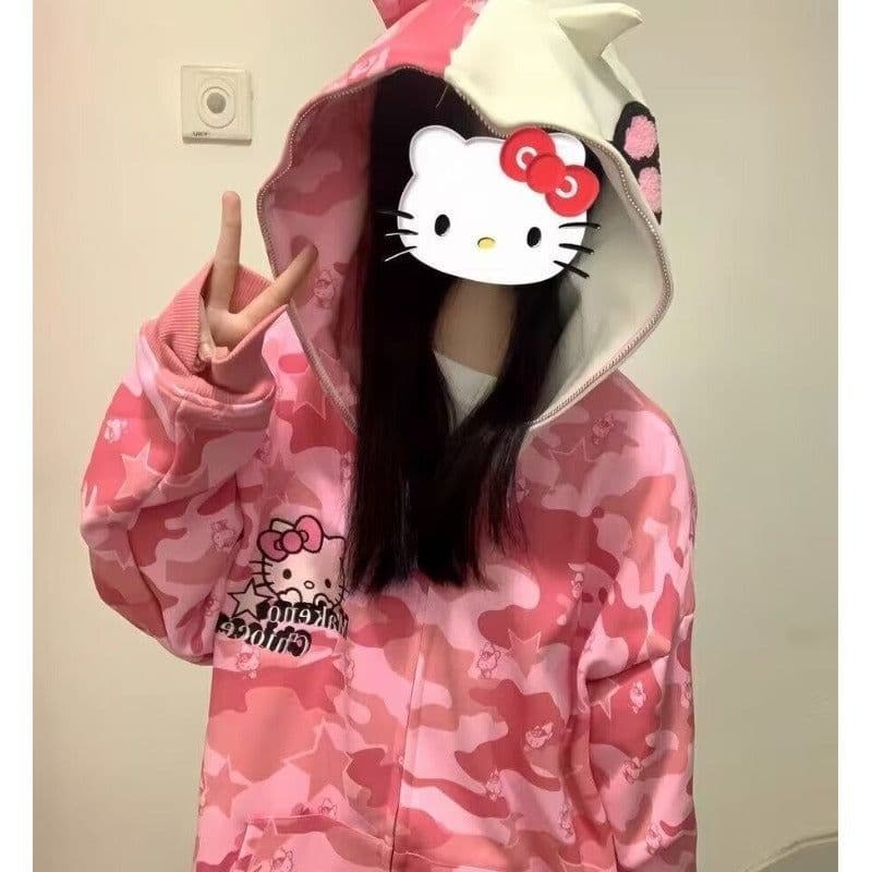 image-2023 Hello Kitty Hooded Sweatshirt - Pink 2XL Trendy Urban Commuting Sweater