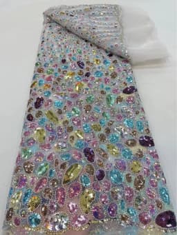 image-Sequin Embroidered Fabric 130cm - Floral Pattern Flesh Color