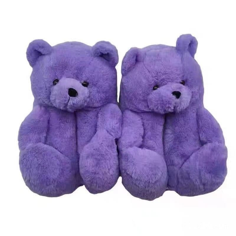 image-Cartoon Bear Plush Slippers - Large, South Korean Velvet, Dark Teddy Bear Shoes