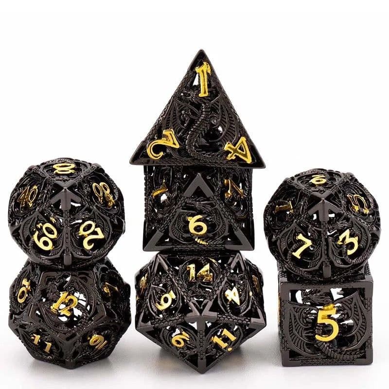 image-Metal D20 Dice - Hollow Dragon Design Green w/ Red Numbers