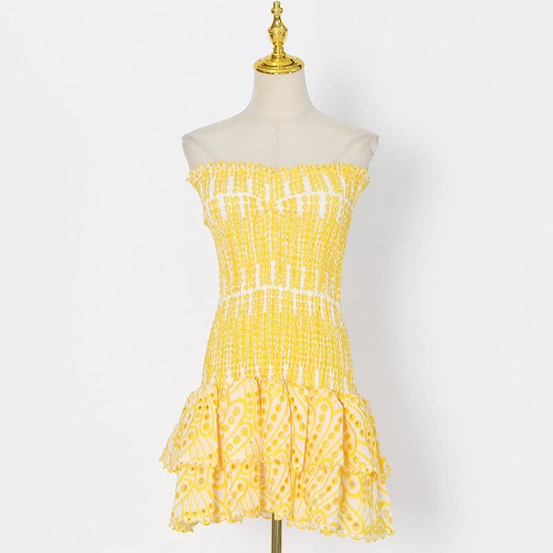 image-A-Line Skirt Dress - Black Strapless Embroidery