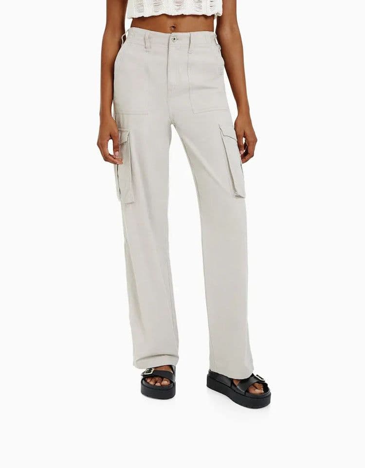 image-Women's High Waist Straight Leg Casual Pants - Gray Blue